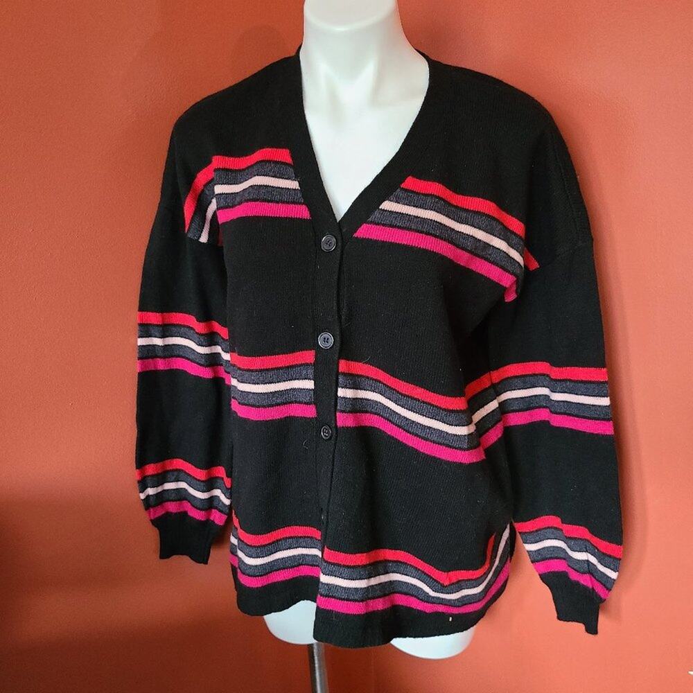 Democracy Button Up Cardigan Black with Stripes